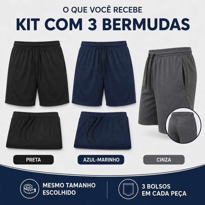 Kit 3 Shorts Bermuda Masculina Tactel Com Elastano Academia