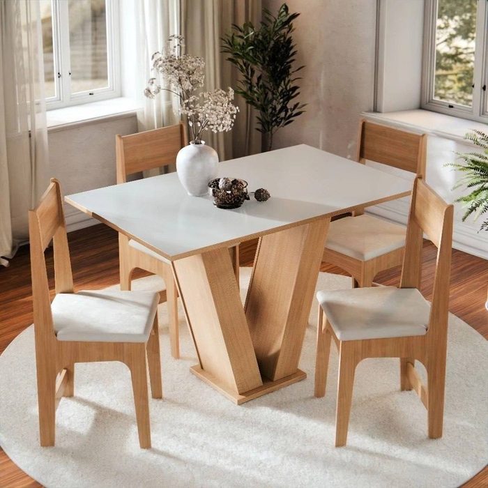 Conjunto Sala De Jantar Grande 4 Lugares Com Cadeiras Estofadas Reforçadas Mesa Completa Tampo Semelhante Vidro Emilly