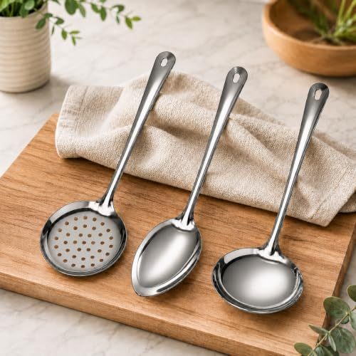 Kit 3 Peças Escumadeira, Concha e Colher de Arroz Cabo Longo 32, 35 e 30 cm Aço Inox Resistente, Jogo de Cozinha 3 Peças, Uso Doméstico e Pr
