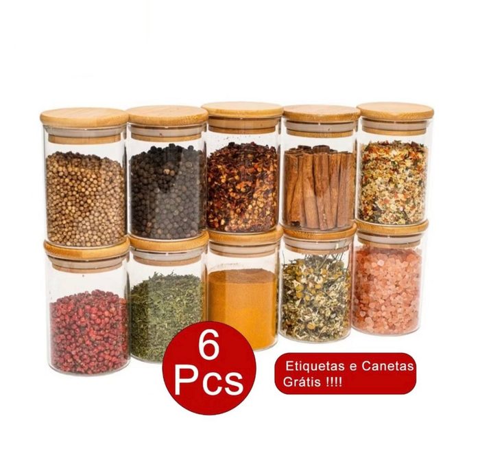 potes para alimentos belifou kit 6 potes tampa bambu 200ml