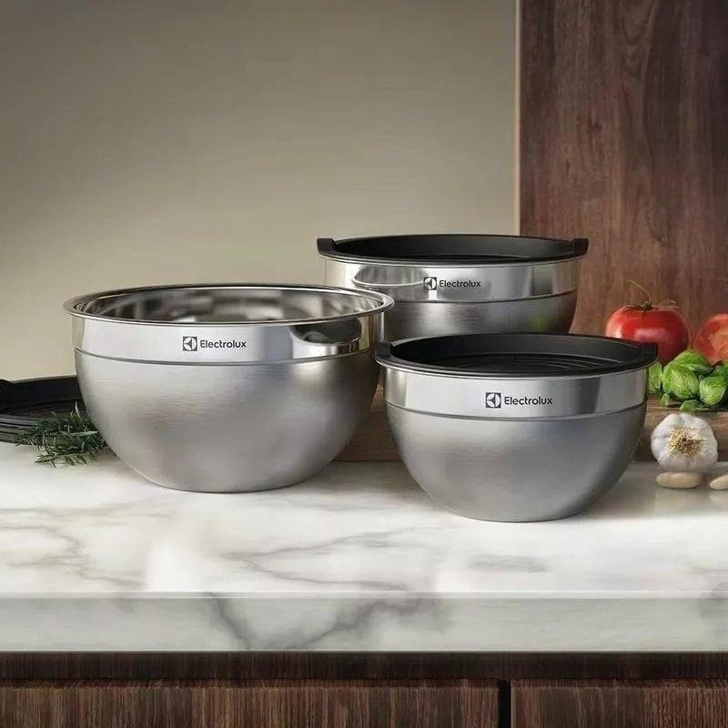 utensílios domésticos electrolux conjunto bowls tigelas inox com tampa plástica