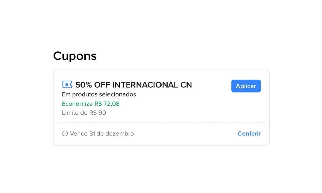 Ainda ativo! Cupom 50% OFF em produtos internacionais
