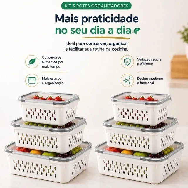 Conjunto Kit 6 Organizadores Geladeira Hermético Escorredor Cesto Frutas Alimentos Verduras Legumes Dasv Branco