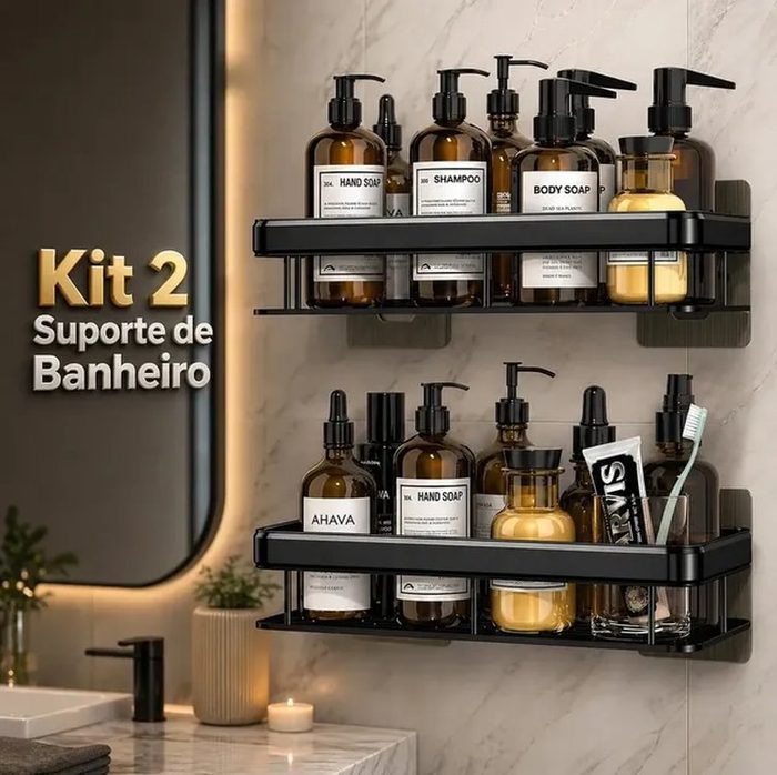 Kit 2 Suporte De Parede Porta Shampoo Banheiro Cozinha Universal Prateleira Inox Ventosa Adesivo Organizador Multifuncional Ak Acessórios