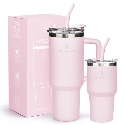 Kit Copos Térmicos 1,18L + 591ml com Canudo, Tampa e Alça, Rosa Claro