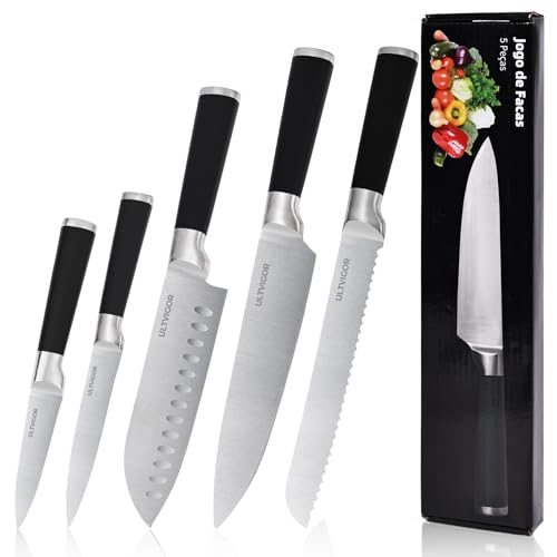 ULTVIGOR Conjunto de Facas 5 Peças, 4CR13 Aço Inoxidável Afiado e Durável, Cabo antiderrapante, Corte Preciso para Cozinhas Domésticas, Incl