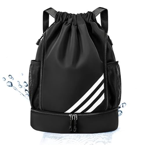 Mochila Esportiva com Cordão, Separação seca e húmida, Mochila de grande capacidade para viagens de lazer, Bolsos Laterais em Malha, Preto c
