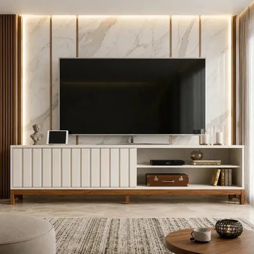 Rack Bancada Para Tv Até 75 Aurora 1.8 Mobler 1 Porta Com Pés Cor Pérola Metalizado/cinamomo Mel