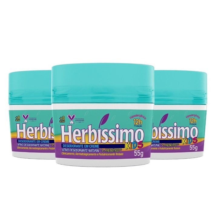 desodorante herbissimo kids creme 55g kit 3 unid
