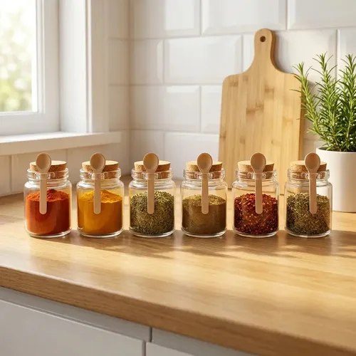 Kit 6 Potes Para Temperos Grande Vidro Com Colher De Bambu 240ml Transparente
