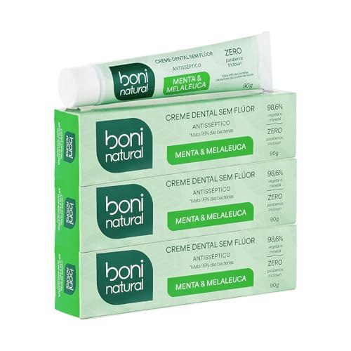 BONI NATURAL - Creme Dental com óleos naturais de Menta e Melaleuca Vegano e Natural, Sem Flúor, Sem Triclosan, 90g, 3 unidades Leve Mais Pa