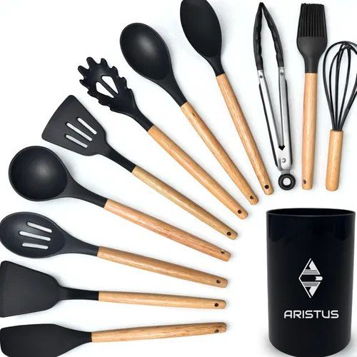 Kit 12 Utensílios De Cozinha Em Silicone Premium Com Cabo De Madeira Resistentes Ao Calor Até 220°c, Antiaderentes Cor Preto