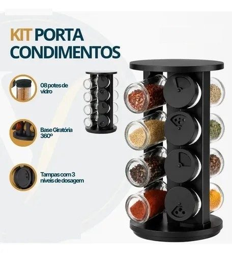 Kit Porta Condimentos Vitrex 8 Potes Em Vidro Preto Com Base Giratória