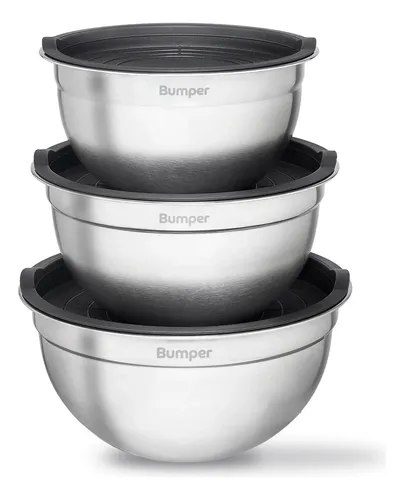 Conjunto De Bowls Tigela Inox Com Tampa Plástica Bumper Cinza