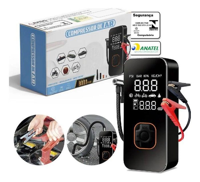 Auxiliar Partida Bateria + Compressor Ar Emergência Portátil 10000mah Veicular 12V Power Bank -
