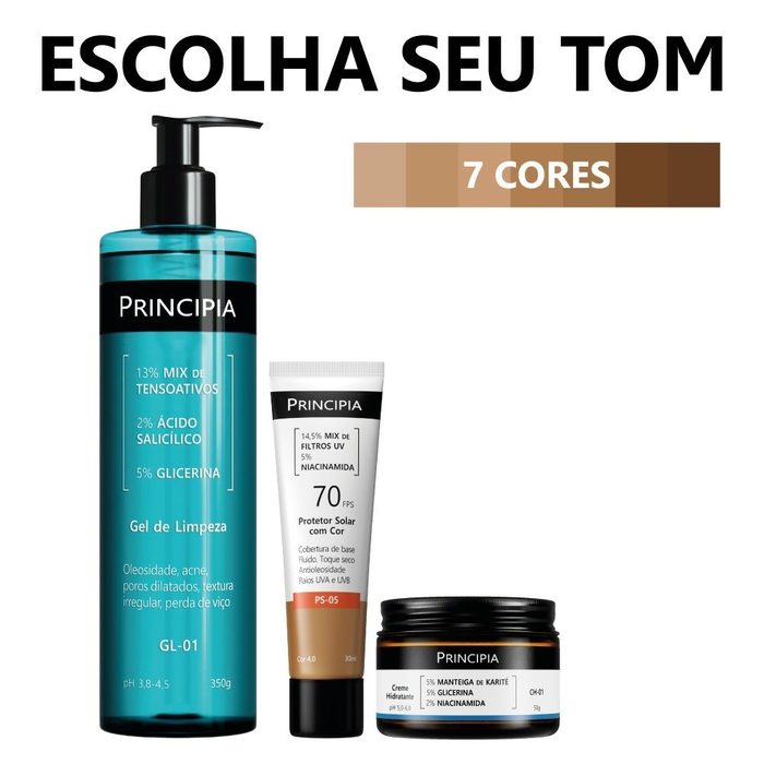 Principia Kit Limpa Hidrata e Protege c/ Gel de Limpeza GL-01 + Creme Hidratante CH-01 + Protetor FPS 70