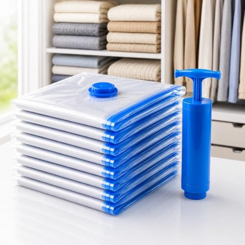 Kit 10 Sacos a Vácuo 50x60cm com Bomba Manual – Organizador de Roupas para Viagem e Armário