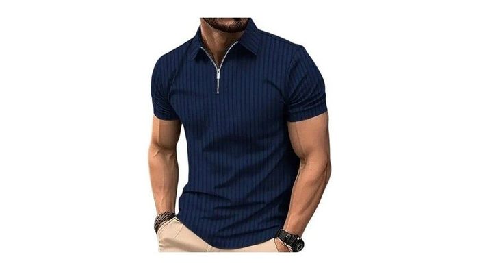 Camiseta Polo Manga Curta Com Ziper Masculina Malha Canelada