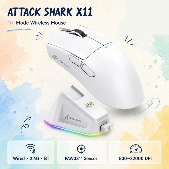 Mouse Sem Fio com Dock Attack Shark X11, Sensor Paw3311
