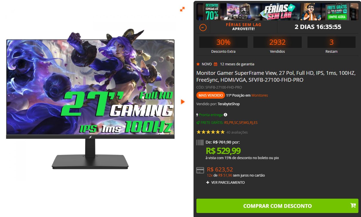 monitor gamer superframe view 27 pol fhd ips 1ms 100hz freesync hdmi/vga sfvfb-27100-fhd-pro