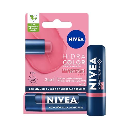 NIVEA Hidratante Labial Hidra Color 3 em 1 Rosé 4,8g, Cor Intensa, Hidratação 24h, Proteção UVA/UVB, Lábios e Bochechas