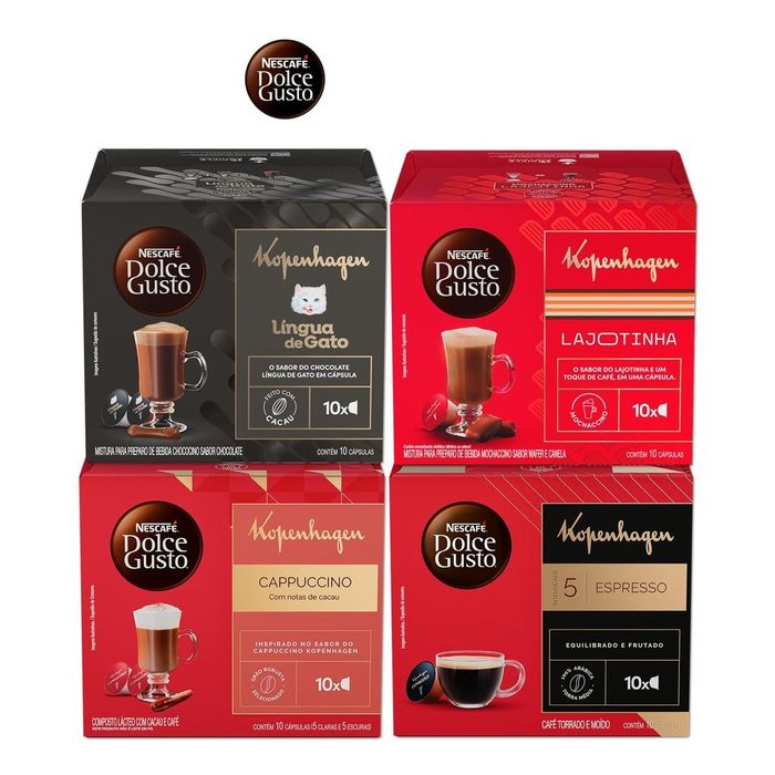 Kit Dolce Gusto + KOPENHAGEN 40 cápsulas Língua de Gato, Lajotinha, Cappuccino e Espresso