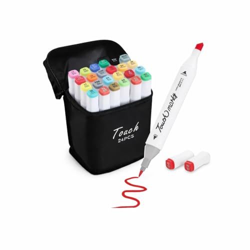 Kit de 24 Canetas Marcador Permanente Ponta Dupla Touch Coloridas para Desenho Profissional Escolar Infantil com Estojo Organizador
