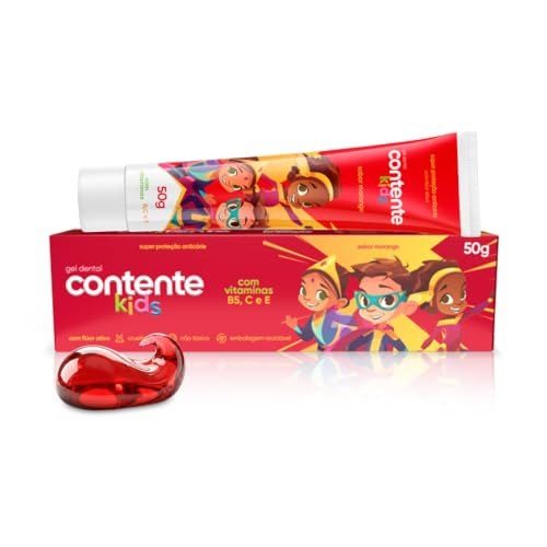 Gel Dental Contente Kids Sabor Morango Combate Cáries e Placas Pasta de Dentes Com Flúor Vegano 50g