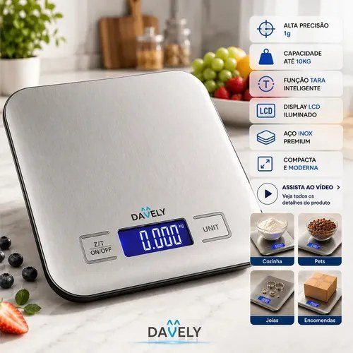 Balança Digital Cozinha 10kg Touch Alta Precisão Portátil Balança de Cozinha Eletrônica Display LCD Aço Inox Função Tara Davely