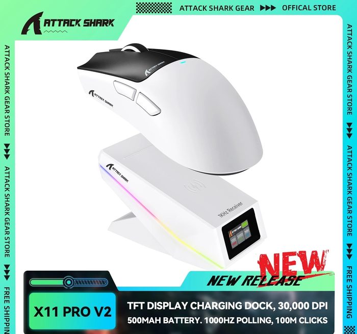 Mouse Gamer Sem Fio Attack Shark X11 Pro V2 com Tela Tft, Base de Carregamento, 30.000 Dpi, Bateria de 500mAh e Conexão Tri-Mode Paw3315