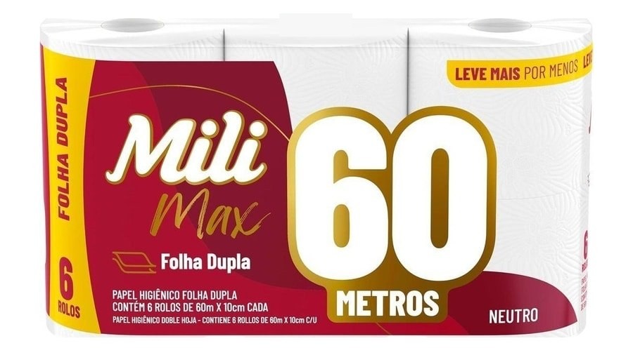 higiene mili papel higiênico folha dupla neutro picotado texturizado 6 rolos 60m