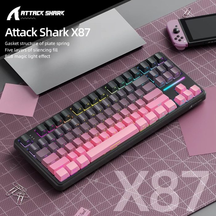 Teclado Sem Fio Mecânico Gamer Attack Shark X87, RGB, Tri-Mode Wireless Bluetooth USB-C, Blackberry - X87